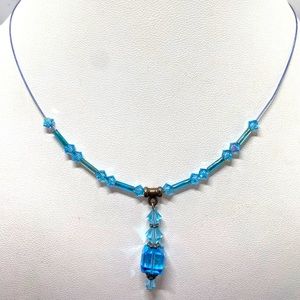 Blue Swarovski crystals sparkle beaded wire choker necklace 925 sterling silver